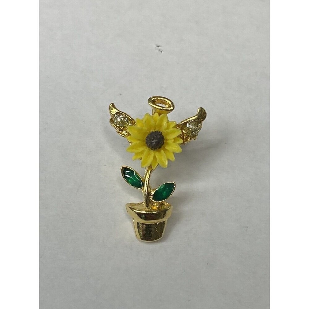 Yellow Sunflower Flower in Pot Angel Wings Halo Lapel Pin Made in USA